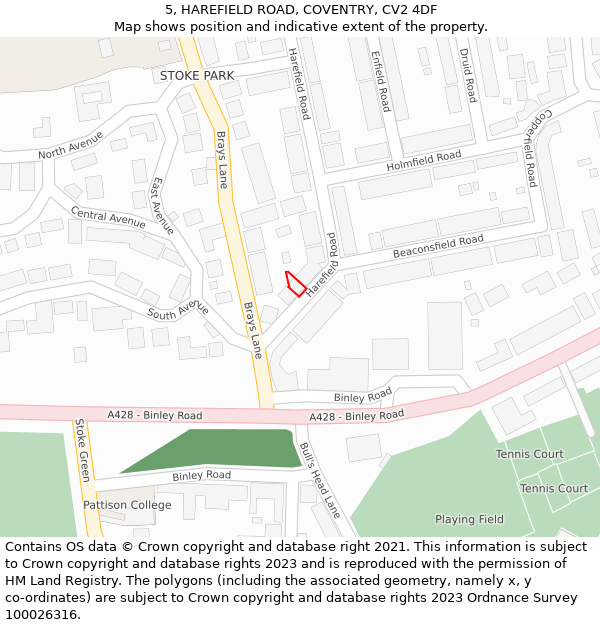 5, HAREFIELD ROAD, COVENTRY, CV2 4DF: Location map and indicative extent of plot