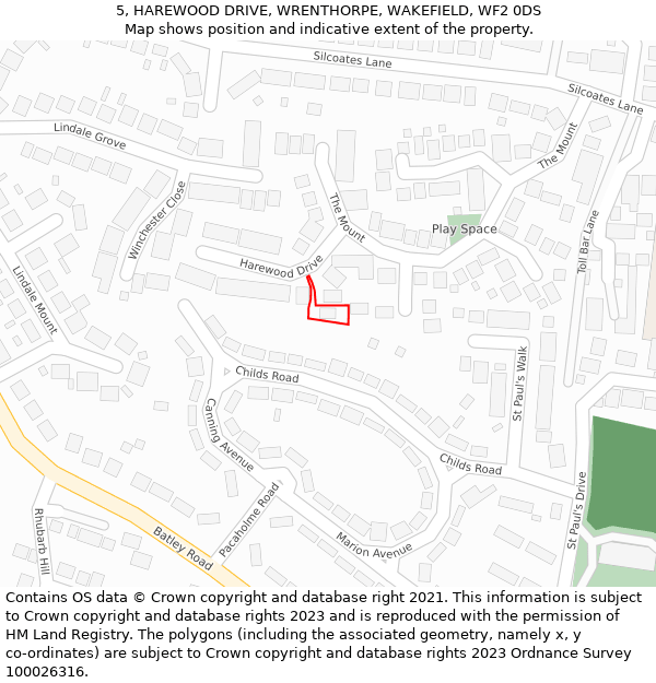 5, HAREWOOD DRIVE, WRENTHORPE, WAKEFIELD, WF2 0DS: Location map and indicative extent of plot