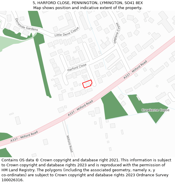 5, HARFORD CLOSE, PENNINGTON, LYMINGTON, SO41 8EX: Location map and indicative extent of plot