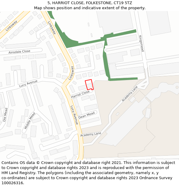 5, HARRIOT CLOSE, FOLKESTONE, CT19 5TZ: Location map and indicative extent of plot