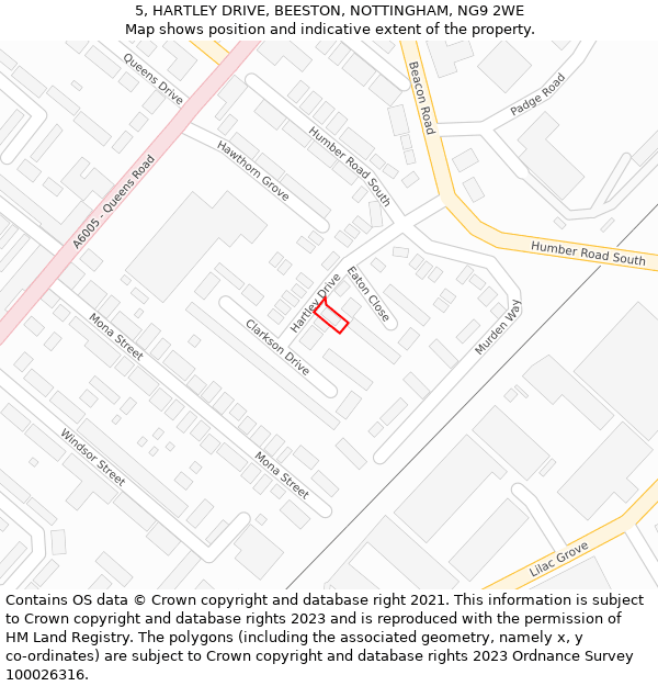 5, HARTLEY DRIVE, BEESTON, NOTTINGHAM, NG9 2WE: Location map and indicative extent of plot