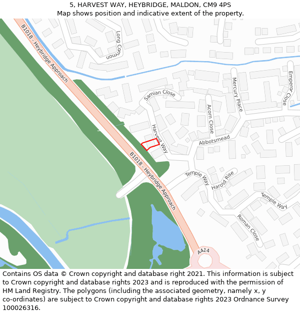 5, HARVEST WAY, HEYBRIDGE, MALDON, CM9 4PS: Location map and indicative extent of plot