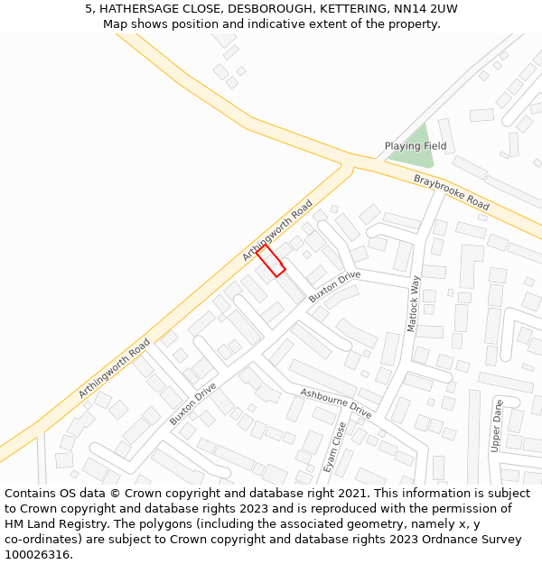 5, HATHERSAGE CLOSE, DESBOROUGH, KETTERING, NN14 2UW: Location map and indicative extent of plot