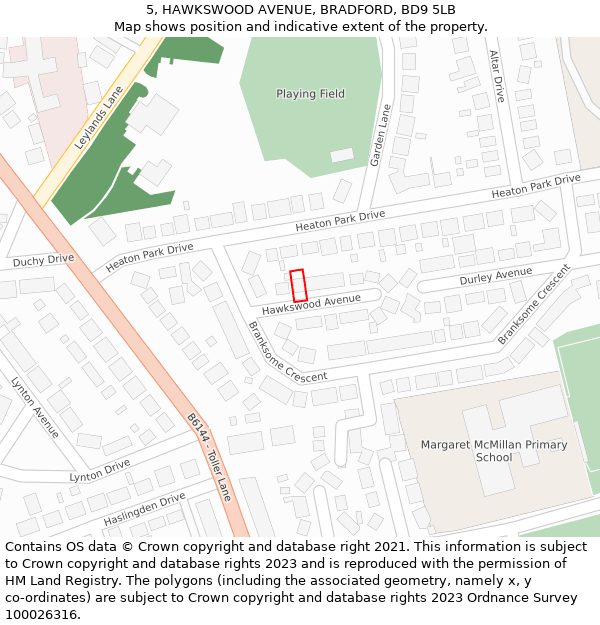 5, HAWKSWOOD AVENUE, BRADFORD, BD9 5LB: Location map and indicative extent of plot