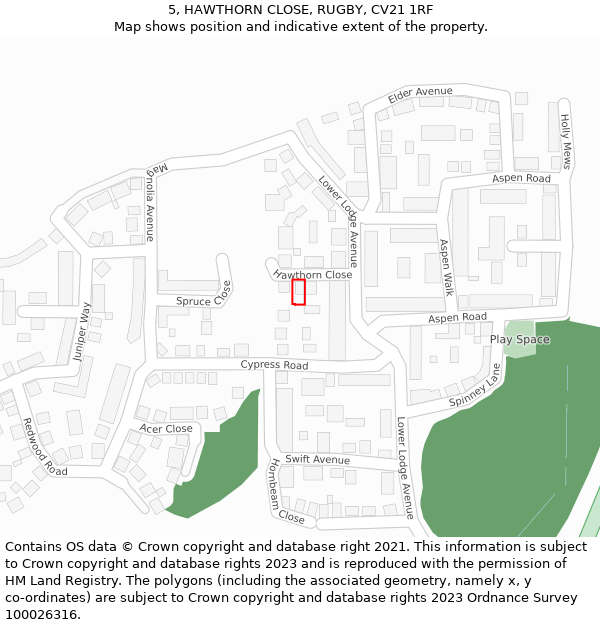 5, HAWTHORN CLOSE, RUGBY, CV21 1RF: Location map and indicative extent of plot