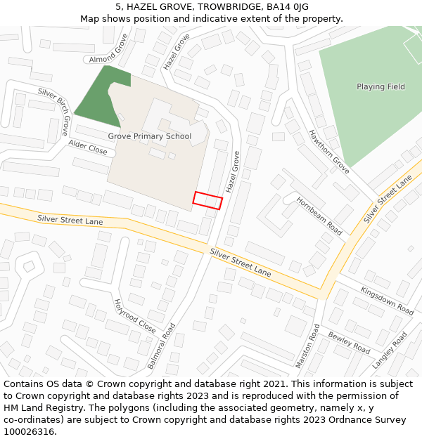 5, HAZEL GROVE, TROWBRIDGE, BA14 0JG: Location map and indicative extent of plot