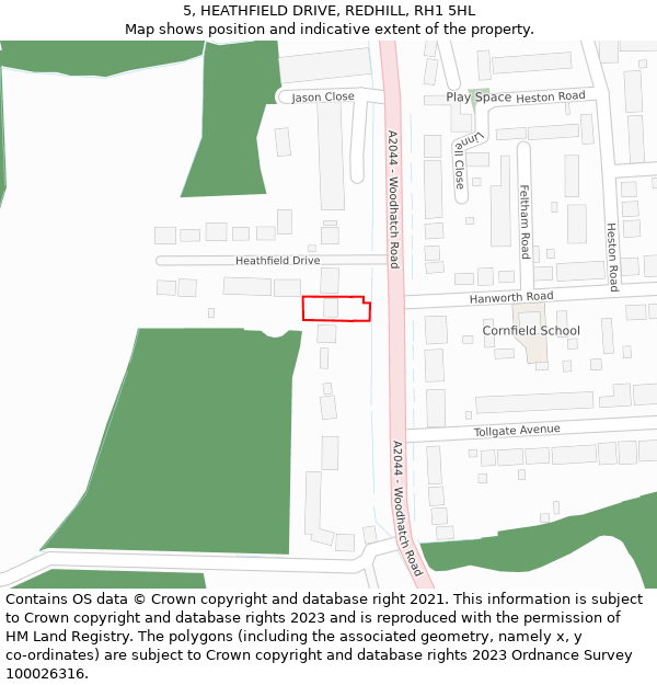 5, HEATHFIELD DRIVE, REDHILL, RH1 5HL: Location map and indicative extent of plot