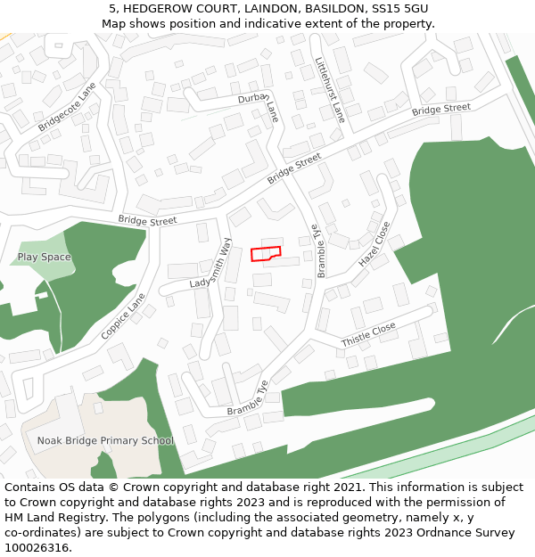5, HEDGEROW COURT, LAINDON, BASILDON, SS15 5GU: Location map and indicative extent of plot