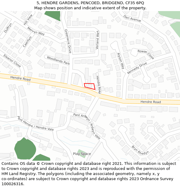 5, HENDRE GARDENS, PENCOED, BRIDGEND, CF35 6PQ: Location map and indicative extent of plot