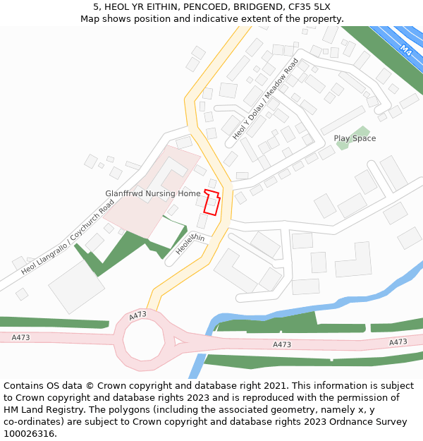 5, HEOL YR EITHIN, PENCOED, BRIDGEND, CF35 5LX: Location map and indicative extent of plot