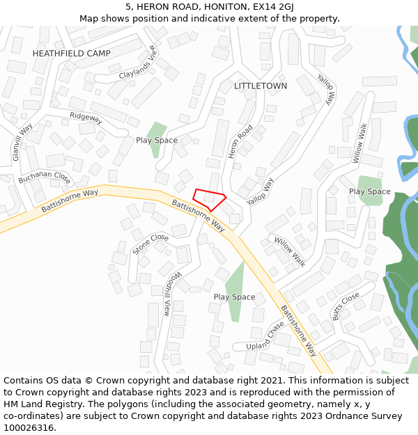 5, HERON ROAD, HONITON, EX14 2GJ: Location map and indicative extent of plot