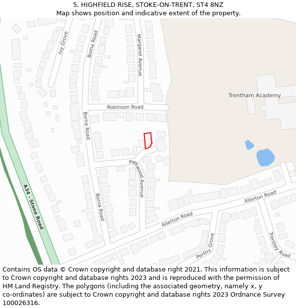 5, HIGHFIELD RISE, STOKE-ON-TRENT, ST4 8NZ: Location map and indicative extent of plot