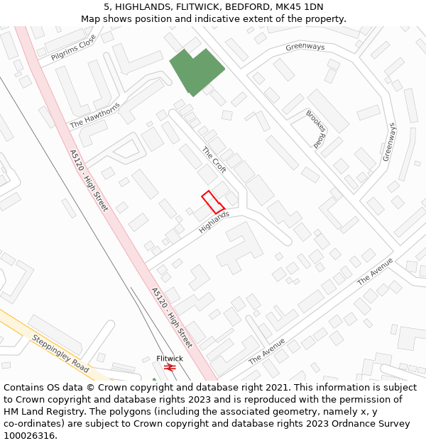 5, HIGHLANDS, FLITWICK, BEDFORD, MK45 1DN: Location map and indicative extent of plot