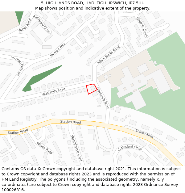 5, HIGHLANDS ROAD, HADLEIGH, IPSWICH, IP7 5HU: Location map and indicative extent of plot