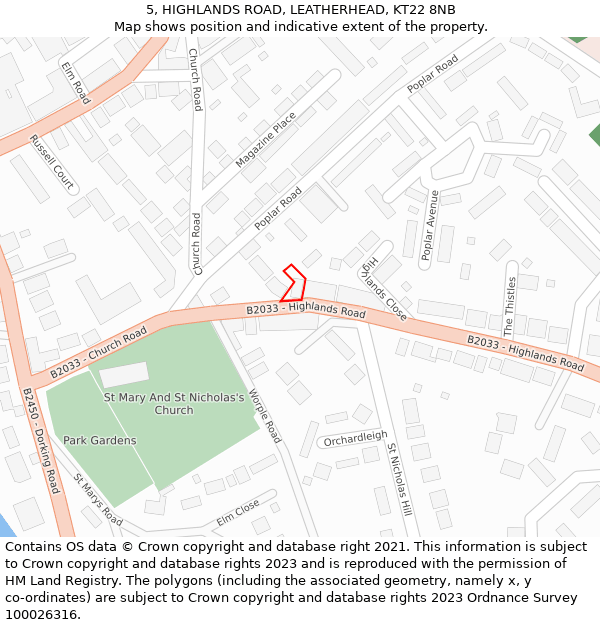 5, HIGHLANDS ROAD, LEATHERHEAD, KT22 8NB: Location map and indicative extent of plot