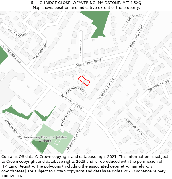 5, HIGHRIDGE CLOSE, WEAVERING, MAIDSTONE, ME14 5XQ: Location map and indicative extent of plot