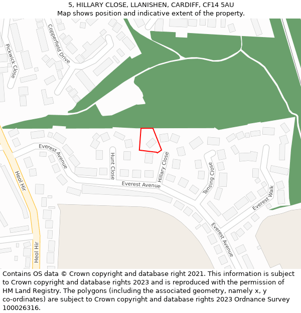 5, HILLARY CLOSE, LLANISHEN, CARDIFF, CF14 5AU: Location map and indicative extent of plot