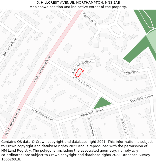 5, HILLCREST AVENUE, NORTHAMPTON, NN3 2AB: Location map and indicative extent of plot