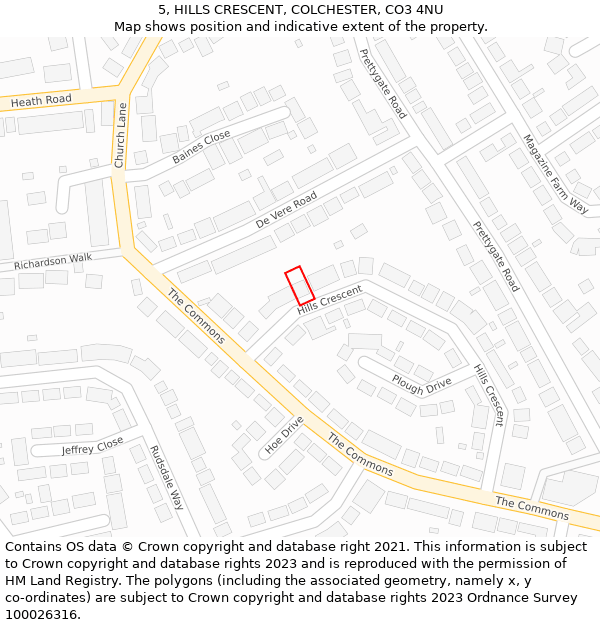 5, HILLS CRESCENT, COLCHESTER, CO3 4NU: Location map and indicative extent of plot