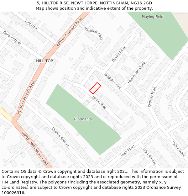 5, HILLTOP RISE, NEWTHORPE, NOTTINGHAM, NG16 2GD: Location map and indicative extent of plot