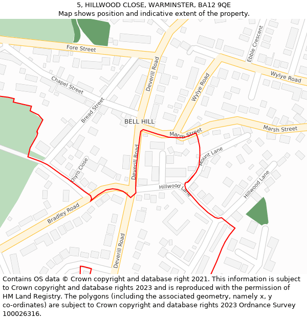 5, HILLWOOD CLOSE, WARMINSTER, BA12 9QE: Location map and indicative extent of plot