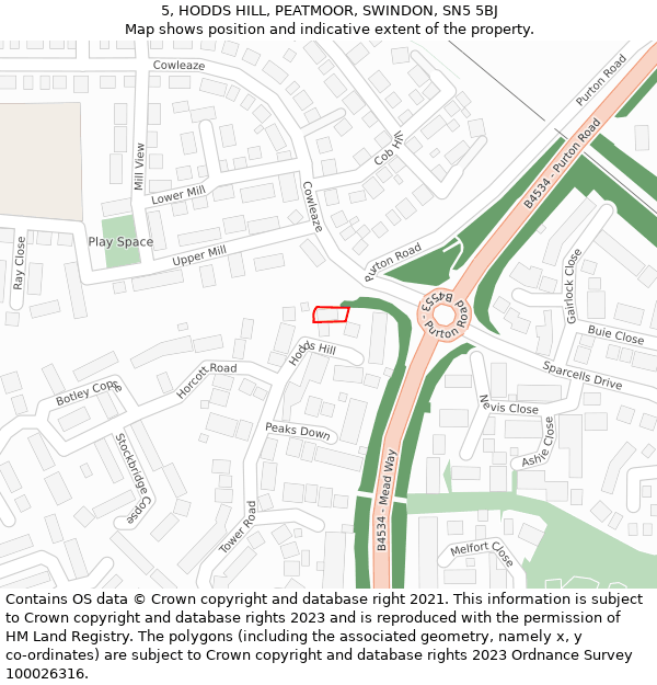 5, HODDS HILL, PEATMOOR, SWINDON, SN5 5BJ: Location map and indicative extent of plot