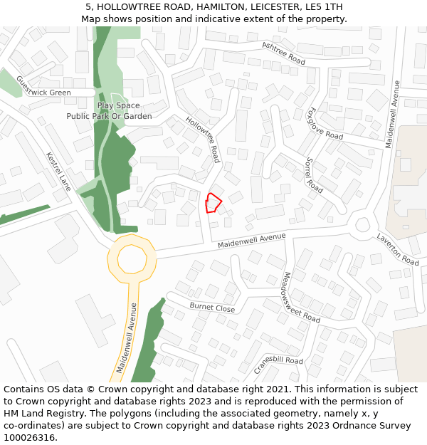 5, HOLLOWTREE ROAD, HAMILTON, LEICESTER, LE5 1TH: Location map and indicative extent of plot