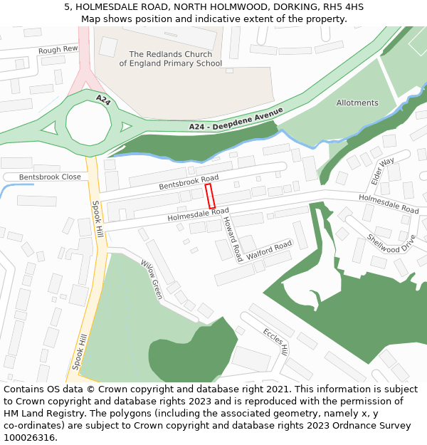 5, HOLMESDALE ROAD, NORTH HOLMWOOD, DORKING, RH5 4HS: Location map and indicative extent of plot