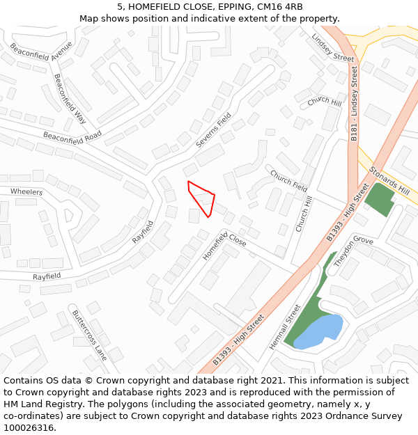 5, HOMEFIELD CLOSE, EPPING, CM16 4RB: Location map and indicative extent of plot