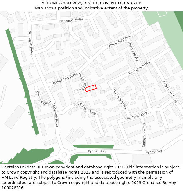 5, HOMEWARD WAY, BINLEY, COVENTRY, CV3 2UR: Location map and indicative extent of plot