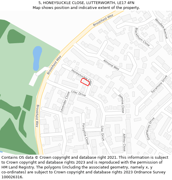 5, HONEYSUCKLE CLOSE, LUTTERWORTH, LE17 4FN: Location map and indicative extent of plot