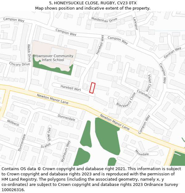 5, HONEYSUCKLE CLOSE, RUGBY, CV23 0TX: Location map and indicative extent of plot