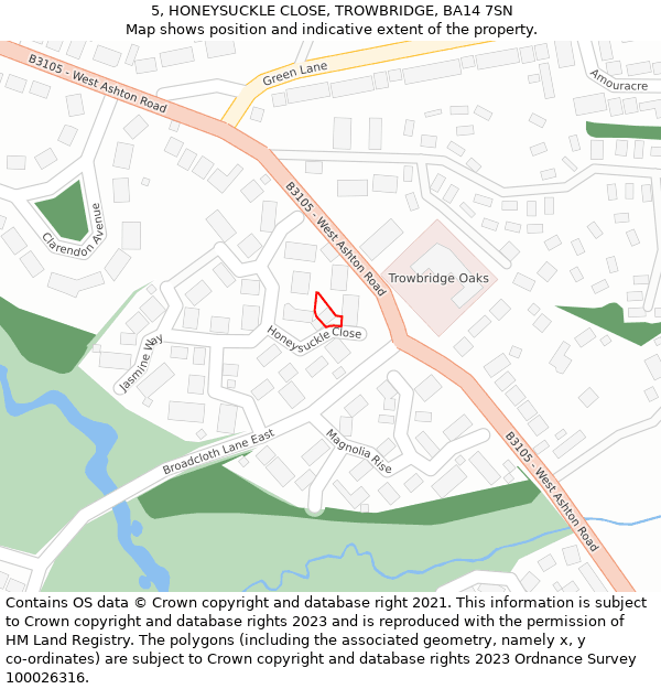 5, HONEYSUCKLE CLOSE, TROWBRIDGE, BA14 7SN: Location map and indicative extent of plot