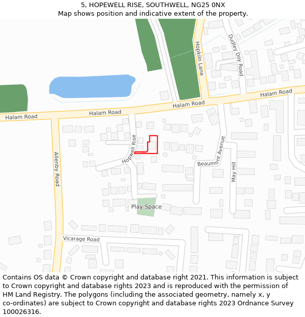 5, HOPEWELL RISE, SOUTHWELL, NG25 0NX: Location map and indicative extent of plot