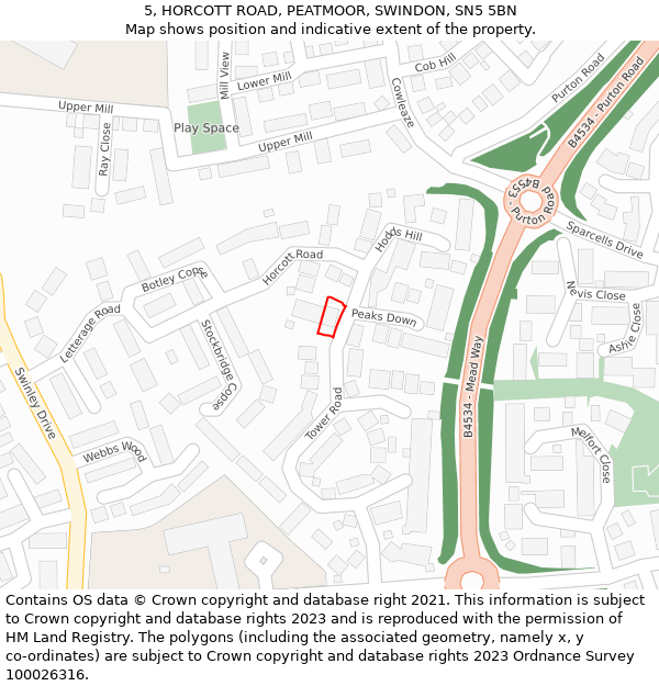 5, HORCOTT ROAD, PEATMOOR, SWINDON, SN5 5BN: Location map and indicative extent of plot