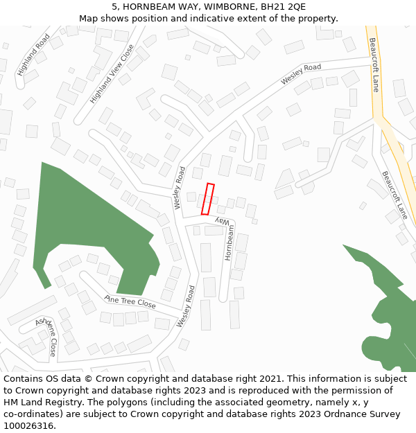 5, HORNBEAM WAY, WIMBORNE, BH21 2QE: Location map and indicative extent of plot
