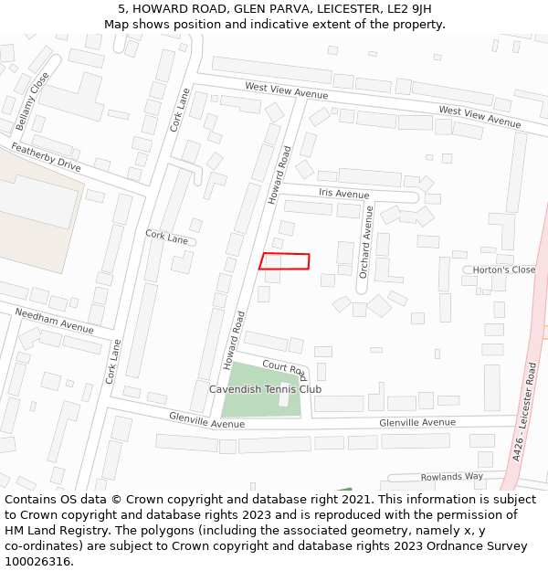 5, HOWARD ROAD, GLEN PARVA, LEICESTER, LE2 9JH: Location map and indicative extent of plot