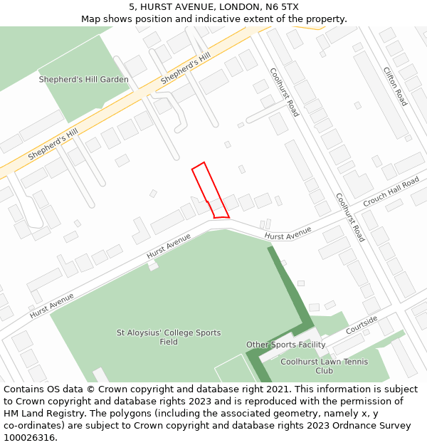 5, HURST AVENUE, LONDON, N6 5TX: Location map and indicative extent of plot