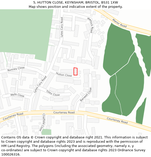 5, HUTTON CLOSE, KEYNSHAM, BRISTOL, BS31 1XW: Location map and indicative extent of plot