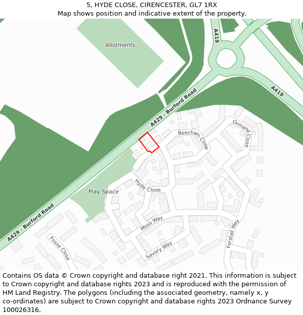 5, HYDE CLOSE, CIRENCESTER, GL7 1RX: Location map and indicative extent of plot