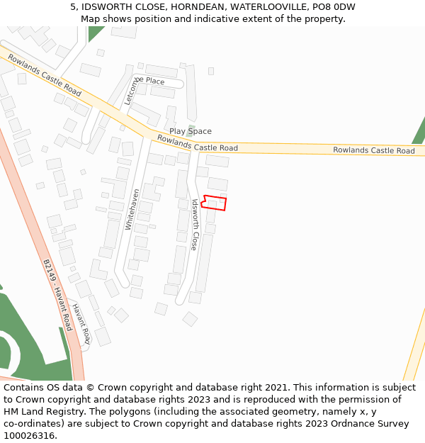 5, IDSWORTH CLOSE, HORNDEAN, WATERLOOVILLE, PO8 0DW: Location map and indicative extent of plot