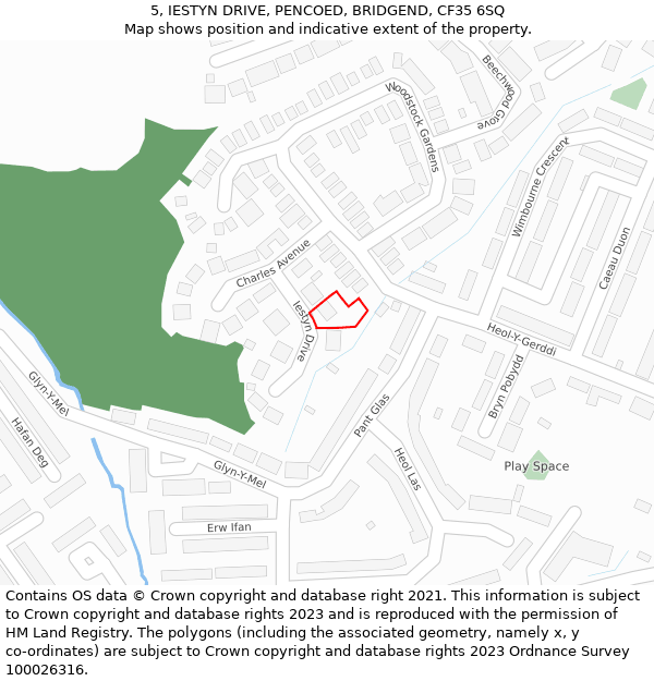 5, IESTYN DRIVE, PENCOED, BRIDGEND, CF35 6SQ: Location map and indicative extent of plot