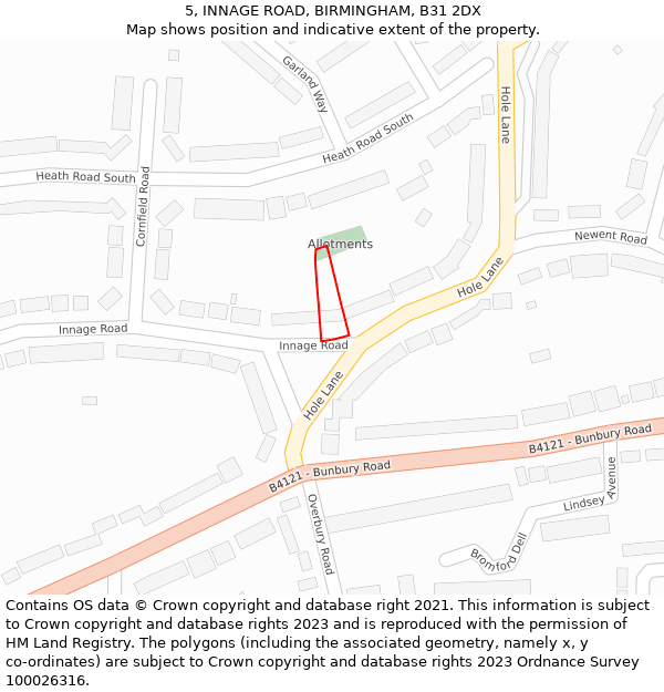 5, INNAGE ROAD, BIRMINGHAM, B31 2DX: Location map and indicative extent of plot