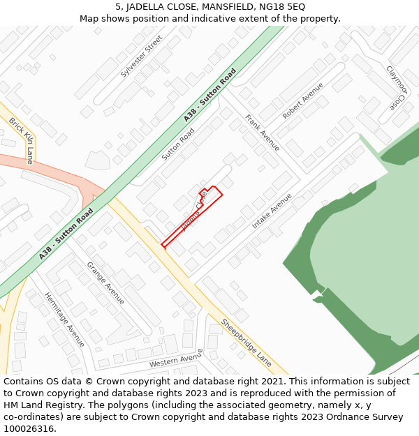 5, JADELLA CLOSE, MANSFIELD, NG18 5EQ: Location map and indicative extent of plot