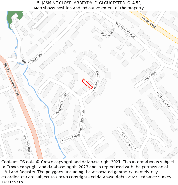 5, JASMINE CLOSE, ABBEYDALE, GLOUCESTER, GL4 5FJ: Location map and indicative extent of plot