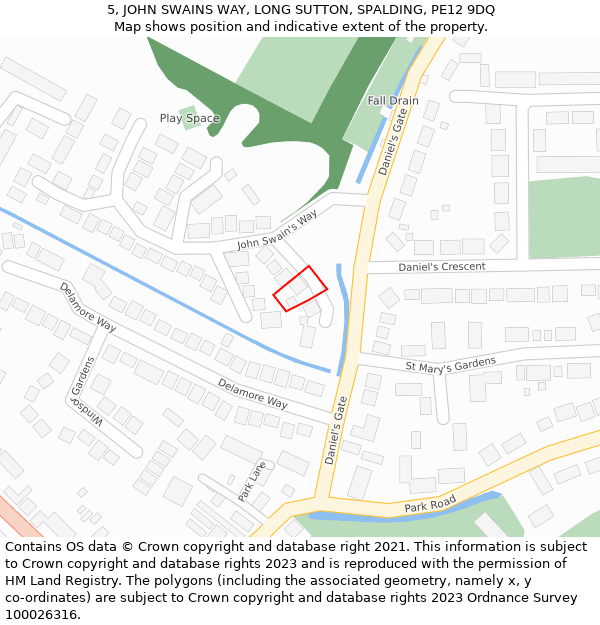 5, JOHN SWAINS WAY, LONG SUTTON, SPALDING, PE12 9DQ: Location map and indicative extent of plot