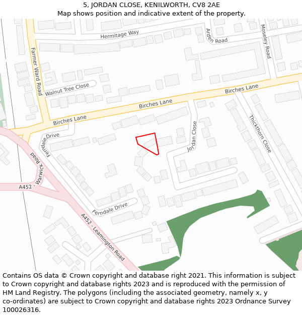 5, JORDAN CLOSE, KENILWORTH, CV8 2AE: Location map and indicative extent of plot