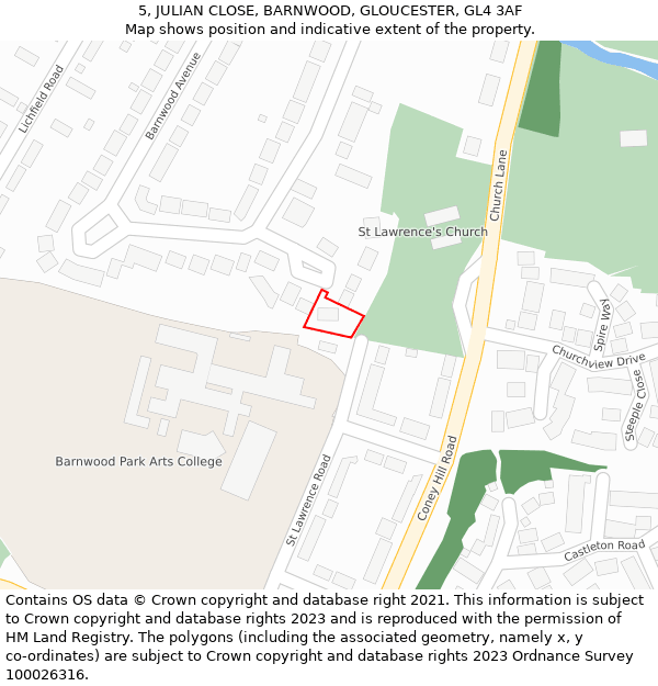 5, JULIAN CLOSE, BARNWOOD, GLOUCESTER, GL4 3AF: Location map and indicative extent of plot