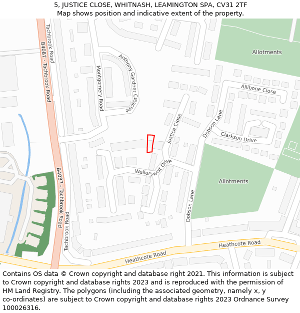 5, JUSTICE CLOSE, WHITNASH, LEAMINGTON SPA, CV31 2TF: Location map and indicative extent of plot