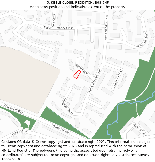 5, KEELE CLOSE, REDDITCH, B98 9NF: Location map and indicative extent of plot